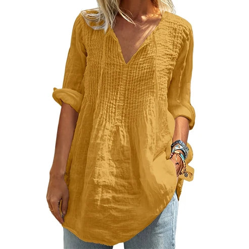 Women’s V-Neck Pleated Long-Sleeve Top