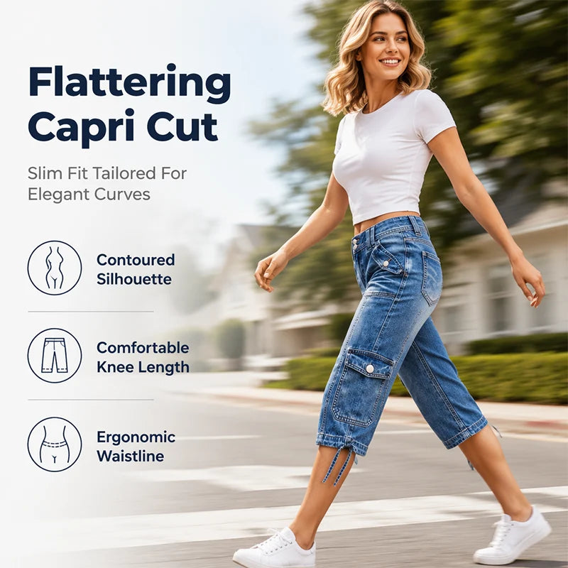 Women’s Cargo Capri Jeans with Drawstring Hems