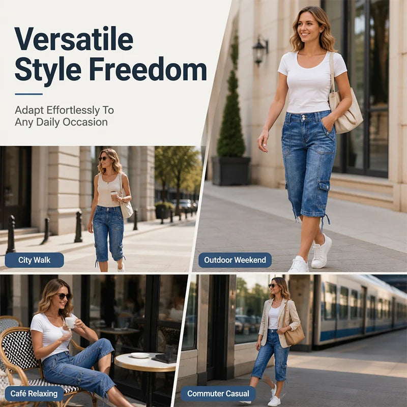 Women’s Cargo Capri Jeans with Drawstring Hems
