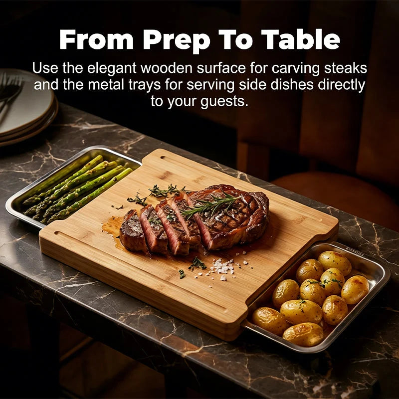 Wooden Cutting Board with Pull-Out Trays