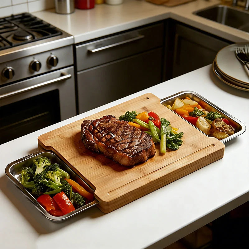 Wooden Cutting Board with Pull-Out Trays