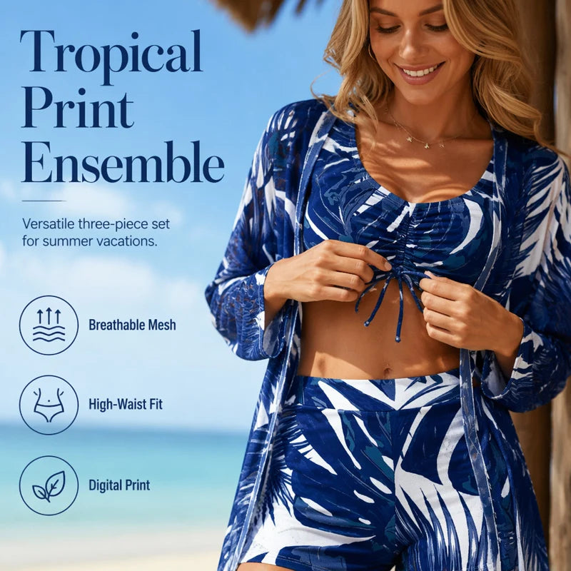 Women’s Tropical Print Three-Piece Swimwear Set