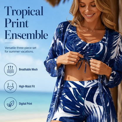 Women’s Tropical Print Three-Piece Swimwear Set