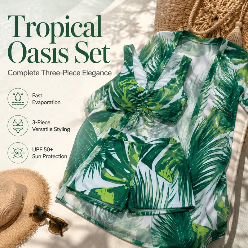 Women’s Tropical Print Three-Piece Swimwear Set