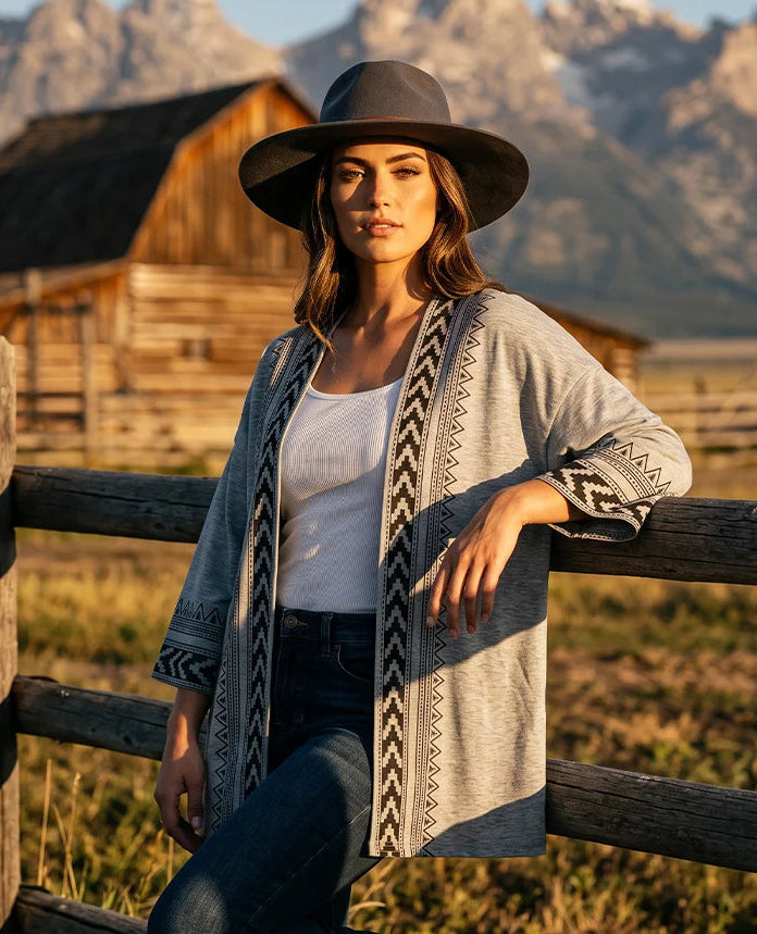 Women’s Retro Geometric Print Open-Front Cardigan