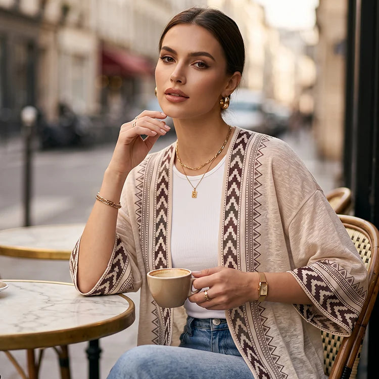 Women’s Retro Geometric Print Open-Front Cardigan
