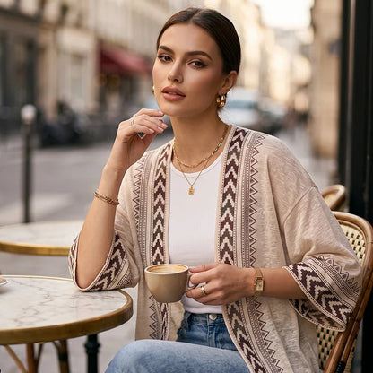 Women’s Retro Geometric Print Open-Front Cardigan