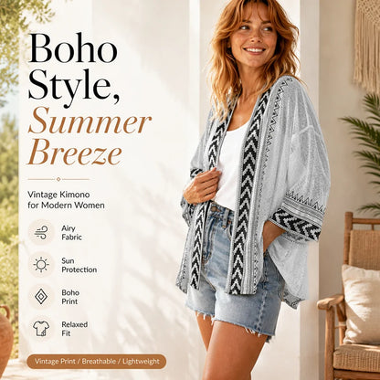 Women’s Retro Geometric Print Open-Front Cardigan