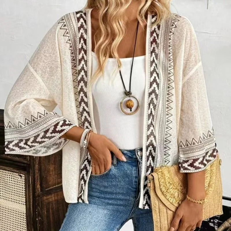 Women’s Retro Geometric Print Open-Front Cardigan