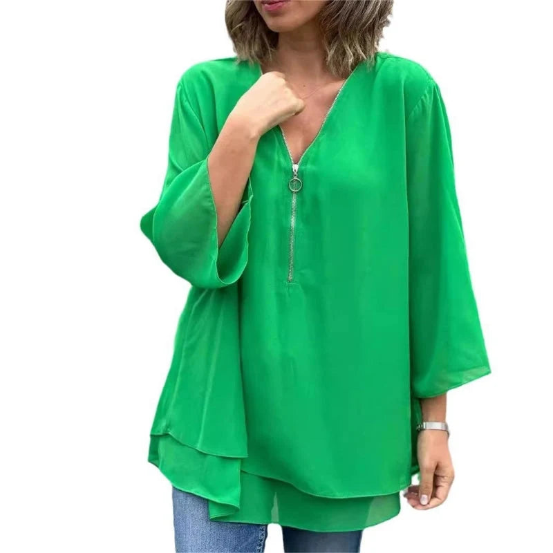 Women's Layered V-Neck Zip Sleeve Top