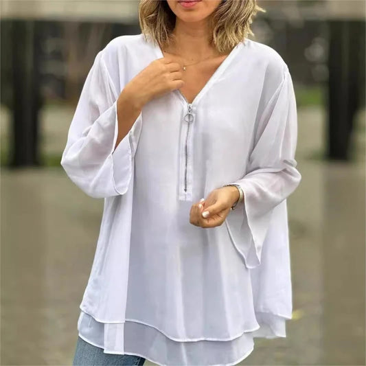 Women's Layered V-Neck Zip Sleeve Top