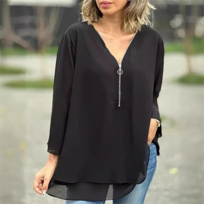 Women's Layered V-Neck Zip Sleeve Top