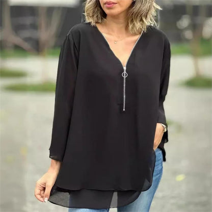 Women's Layered V-Neck Zip Sleeve Top