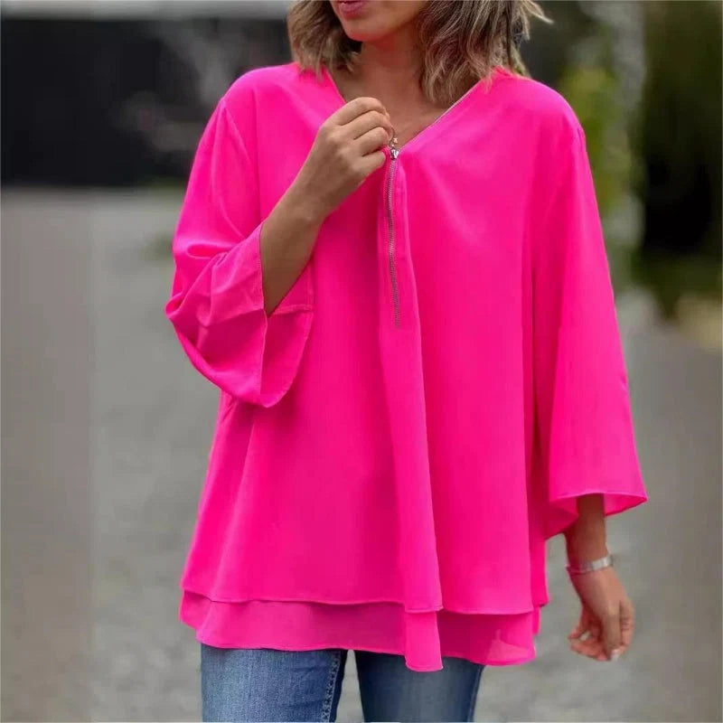 Women's Layered V-Neck Zip Sleeve Top