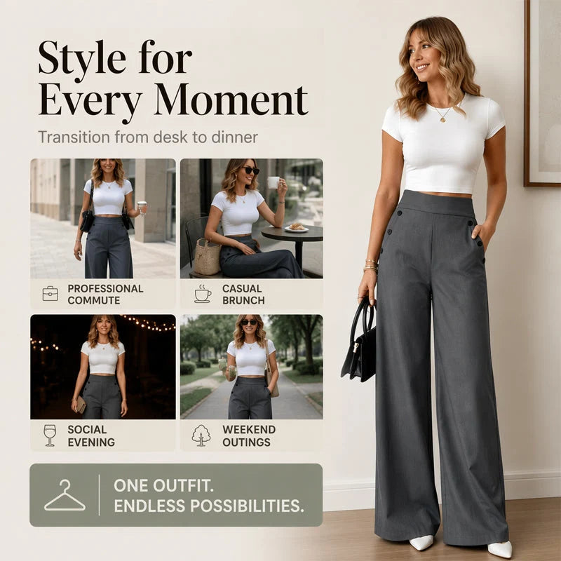 High-Waisted Wide-Leg Trousers with Side Buttons