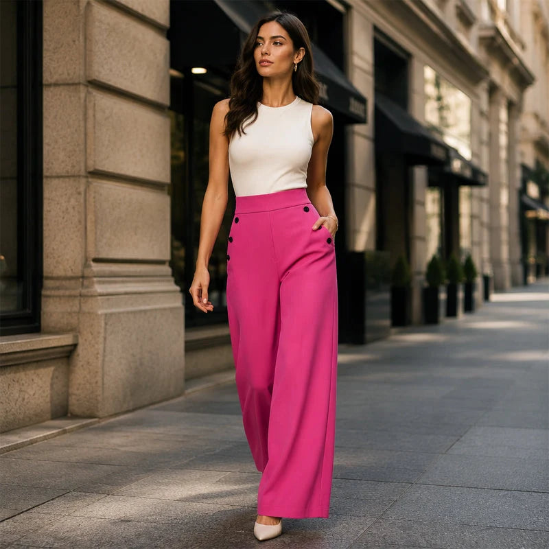 High-Waisted Wide-Leg Trousers with Side Buttons