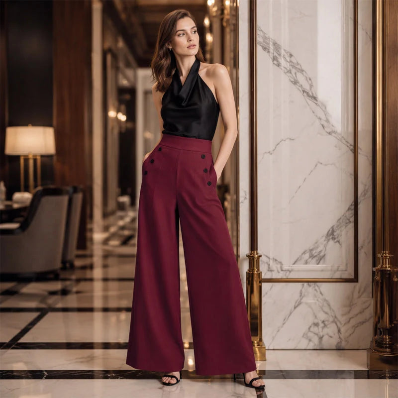 High-Waisted Wide-Leg Trousers with Side Buttons