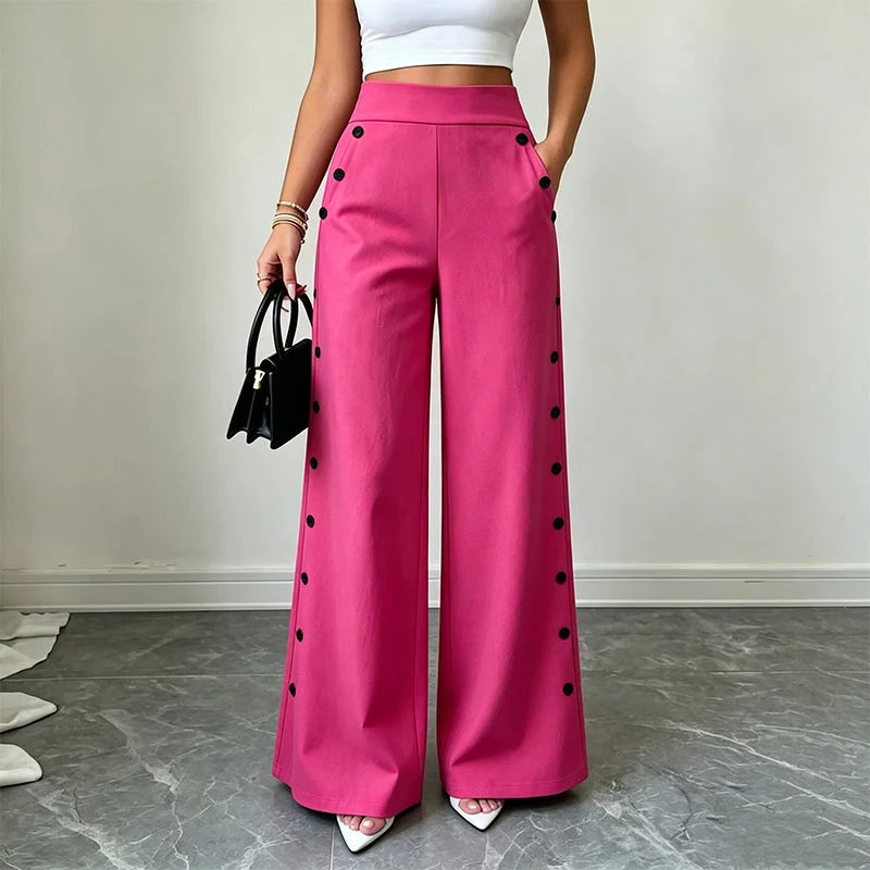 High-Waisted Wide-Leg Trousers with Side Buttons