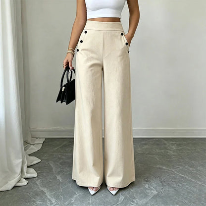 High-Waisted Wide-Leg Trousers with Side Buttons
