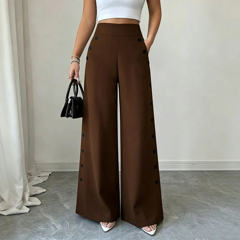 High-Waisted Wide-Leg Trousers with Side Buttons