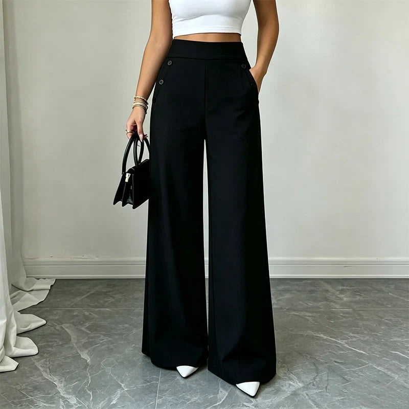 High-Waisted Wide-Leg Trousers with Side Buttons