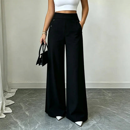 High-Waisted Wide-Leg Trousers with Side Buttons