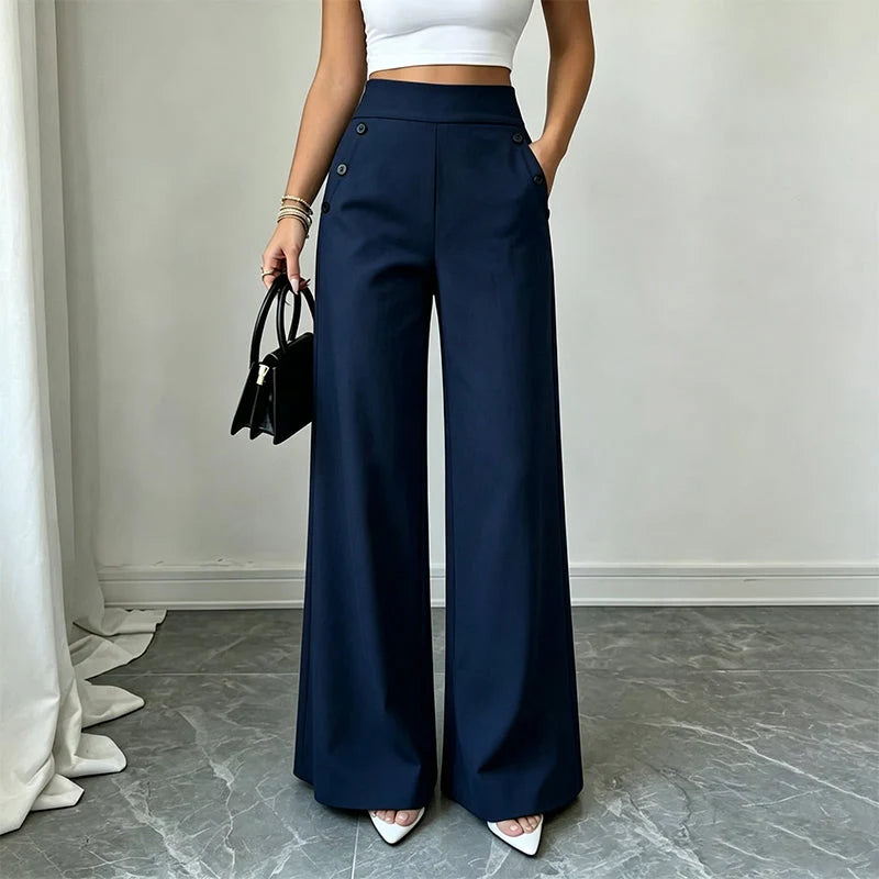 High-Waisted Wide-Leg Trousers with Side Buttons