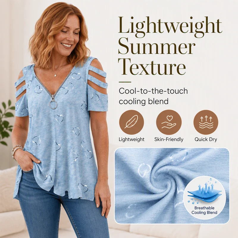 Women's Cold-Shoulder Heart Print T-Shirt