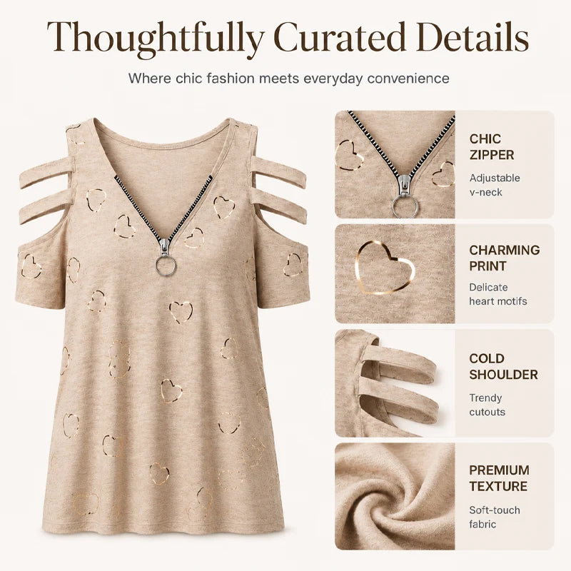Women's Cold-Shoulder Heart Print T-Shirt