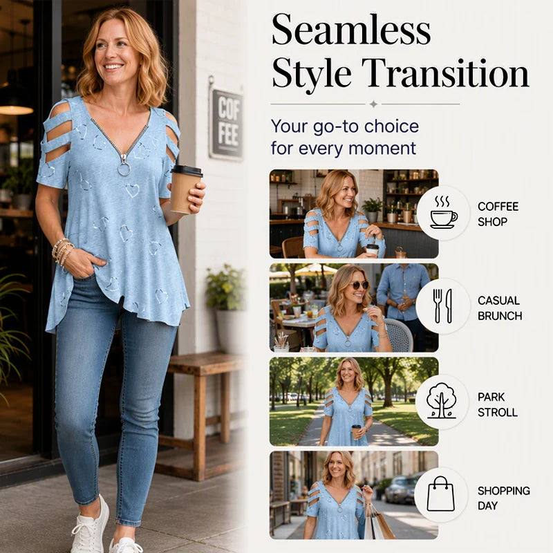 Women's Cold-Shoulder Heart Print T-Shirt