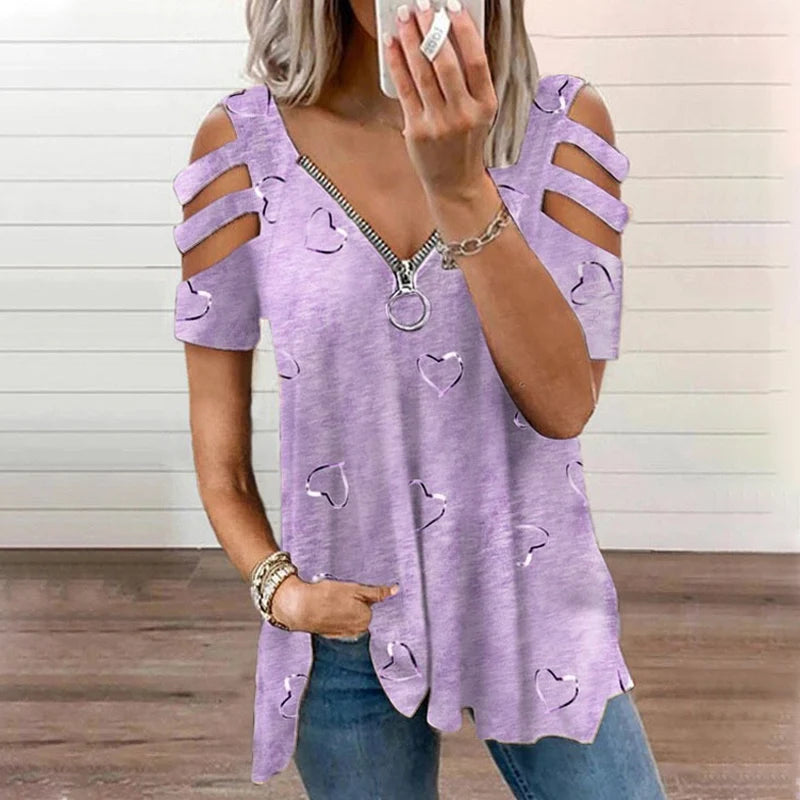 Women's Cold-Shoulder Heart Print T-Shirt