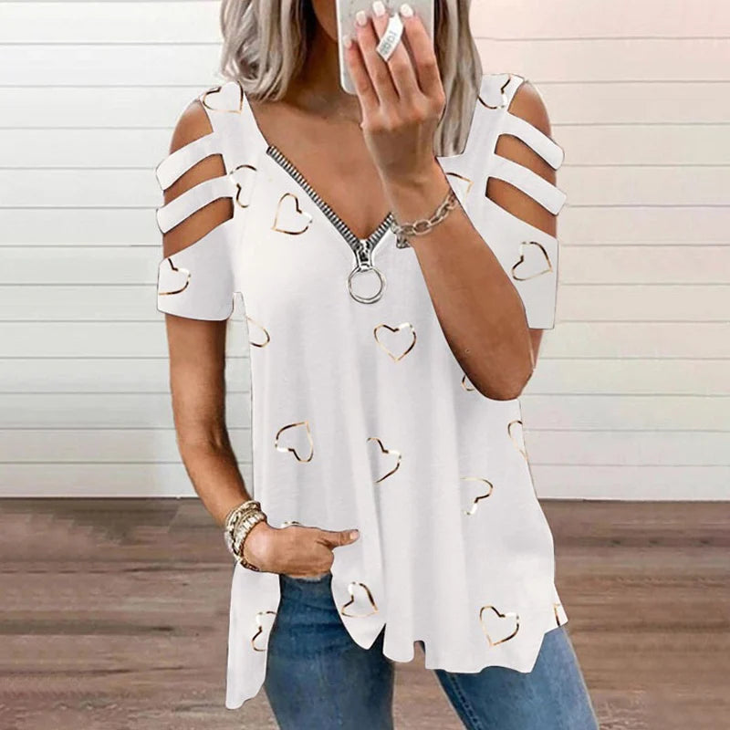 Women's Cold-Shoulder Heart Print T-Shirt
