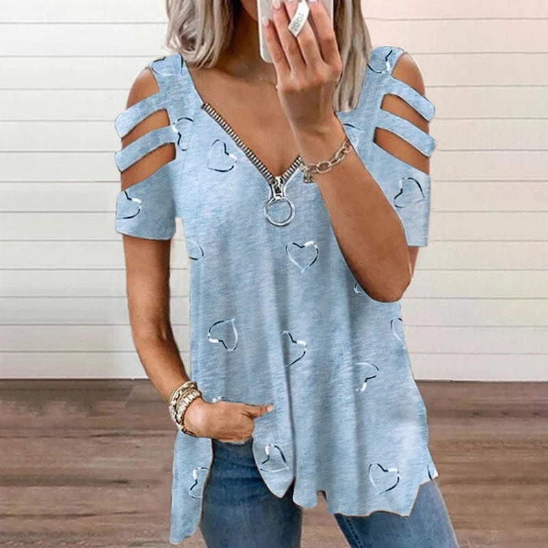 Women's Cold-Shoulder Heart Print T-Shirt