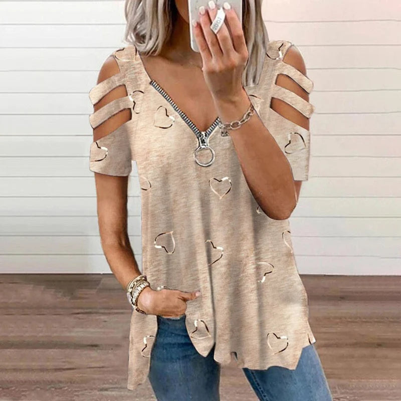 Women's Cold-Shoulder Heart Print T-Shirt