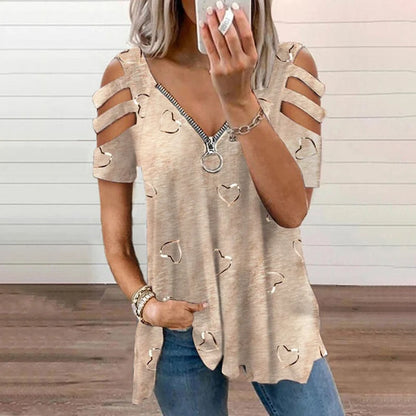 Women's Cold-Shoulder Heart Print T-Shirt