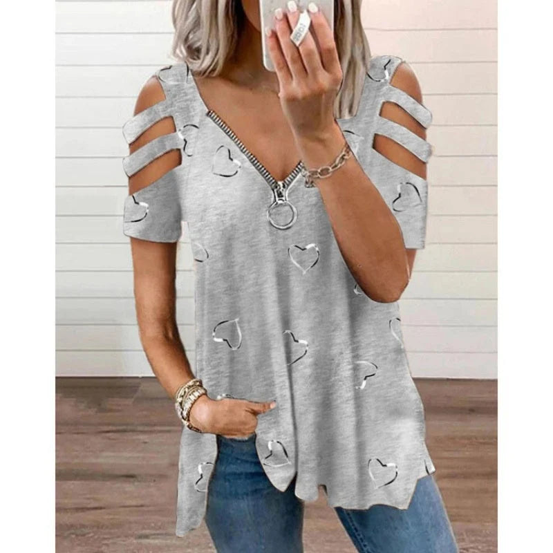 Women's Cold-Shoulder Heart Print T-Shirt