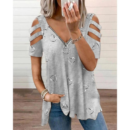 Women's Cold-Shoulder Heart Print T-Shirt