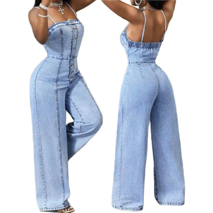 Women's Wide Leg Denim Look Jumpsuit