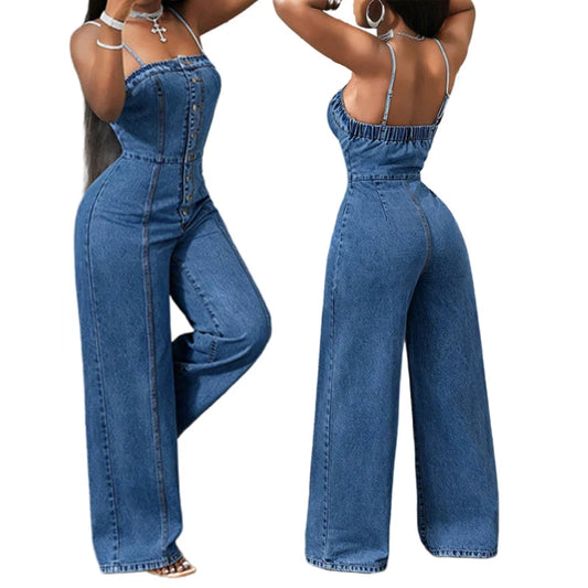 Women's Wide Leg Denim Look Jumpsuit