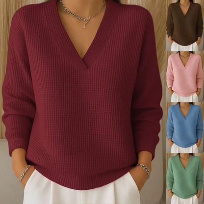 Women's Casual Long-Sleeve V-Neck Waffle Knit Top
