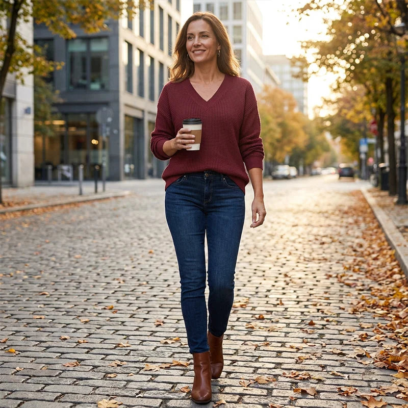 Women's Casual Long-Sleeve V-Neck Waffle Knit Top