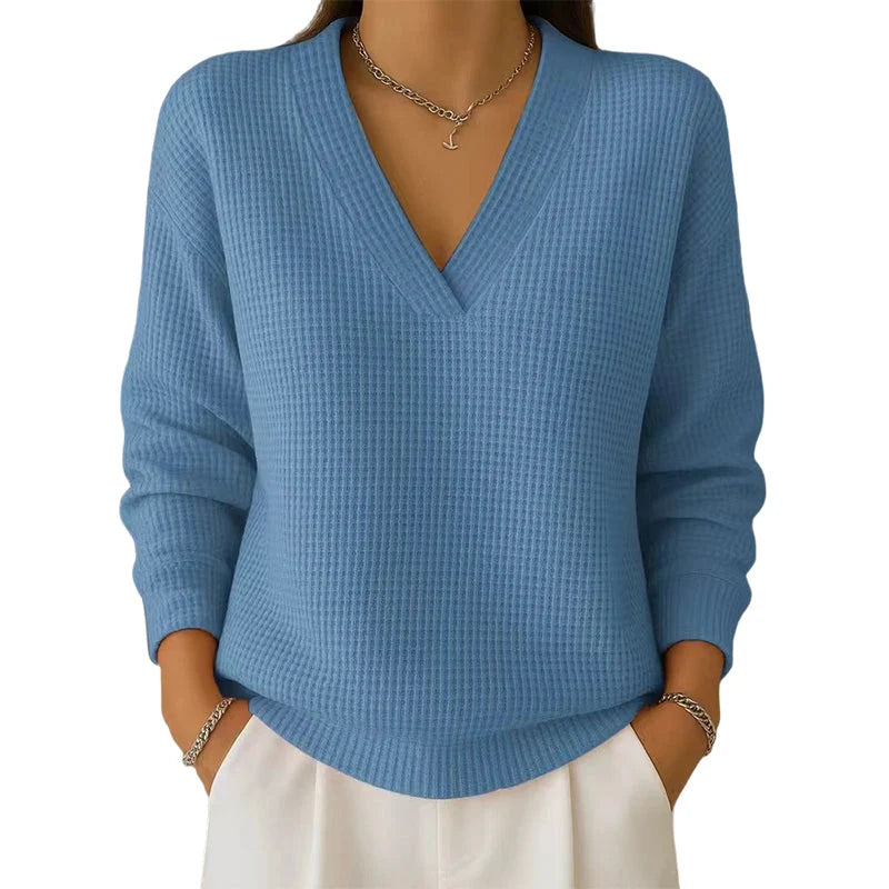 Women's Casual Long-Sleeve V-Neck Waffle Knit Top