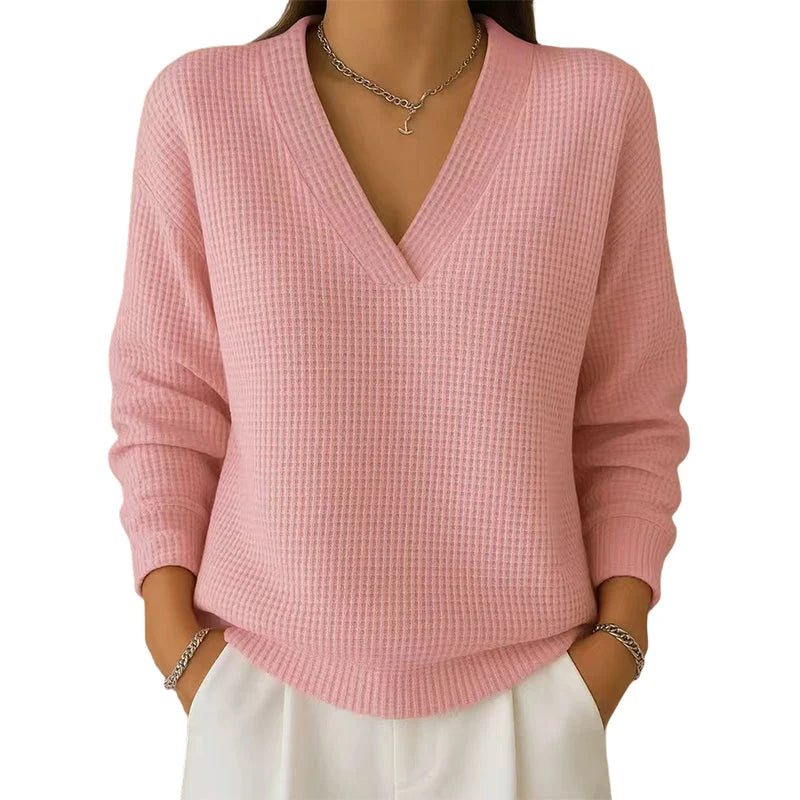 Women's Casual Long-Sleeve V-Neck Waffle Knit Top