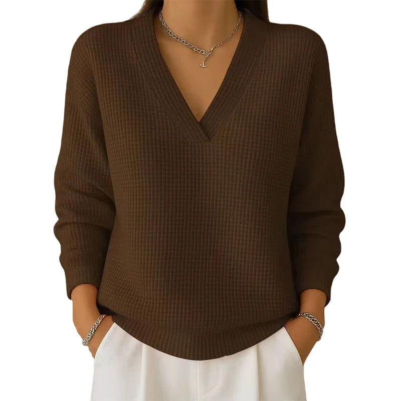 Women's Casual Long-Sleeve V-Neck Waffle Knit Top