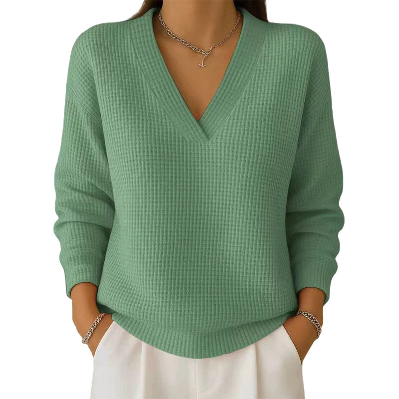 Women's Casual Long-Sleeve V-Neck Waffle Knit Top