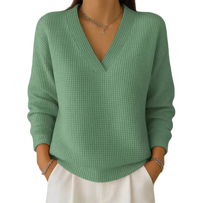 Women's Casual Long-Sleeve V-Neck Waffle Knit Top