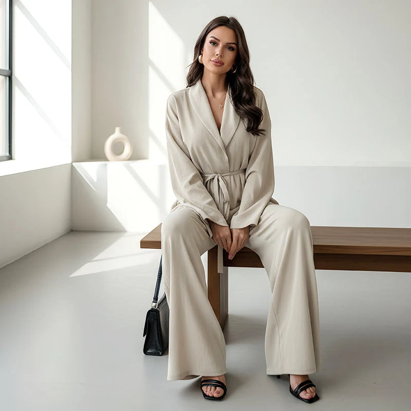 Women's V-Neck Tie-Waist Wide-Leg Set