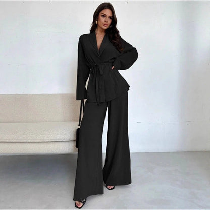 Women's V-Neck Tie-Waist Wide-Leg Set