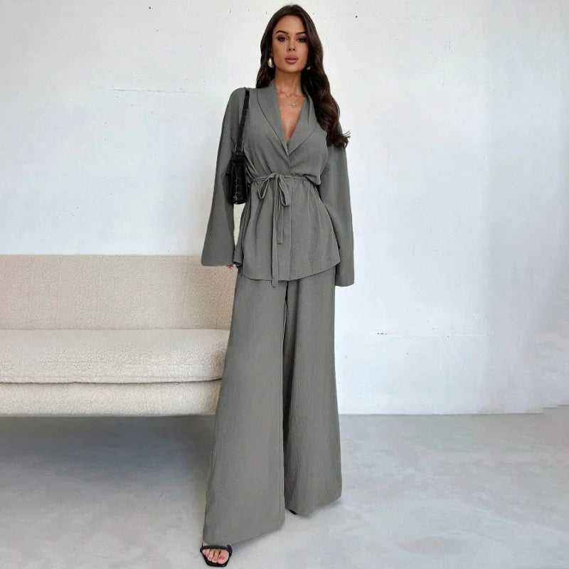 Women's V-Neck Tie-Waist Wide-Leg Set