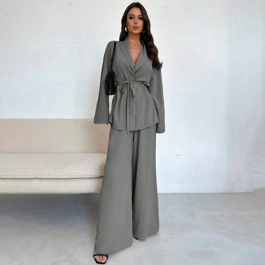 Women's V-Neck Tie-Waist Wide-Leg Set